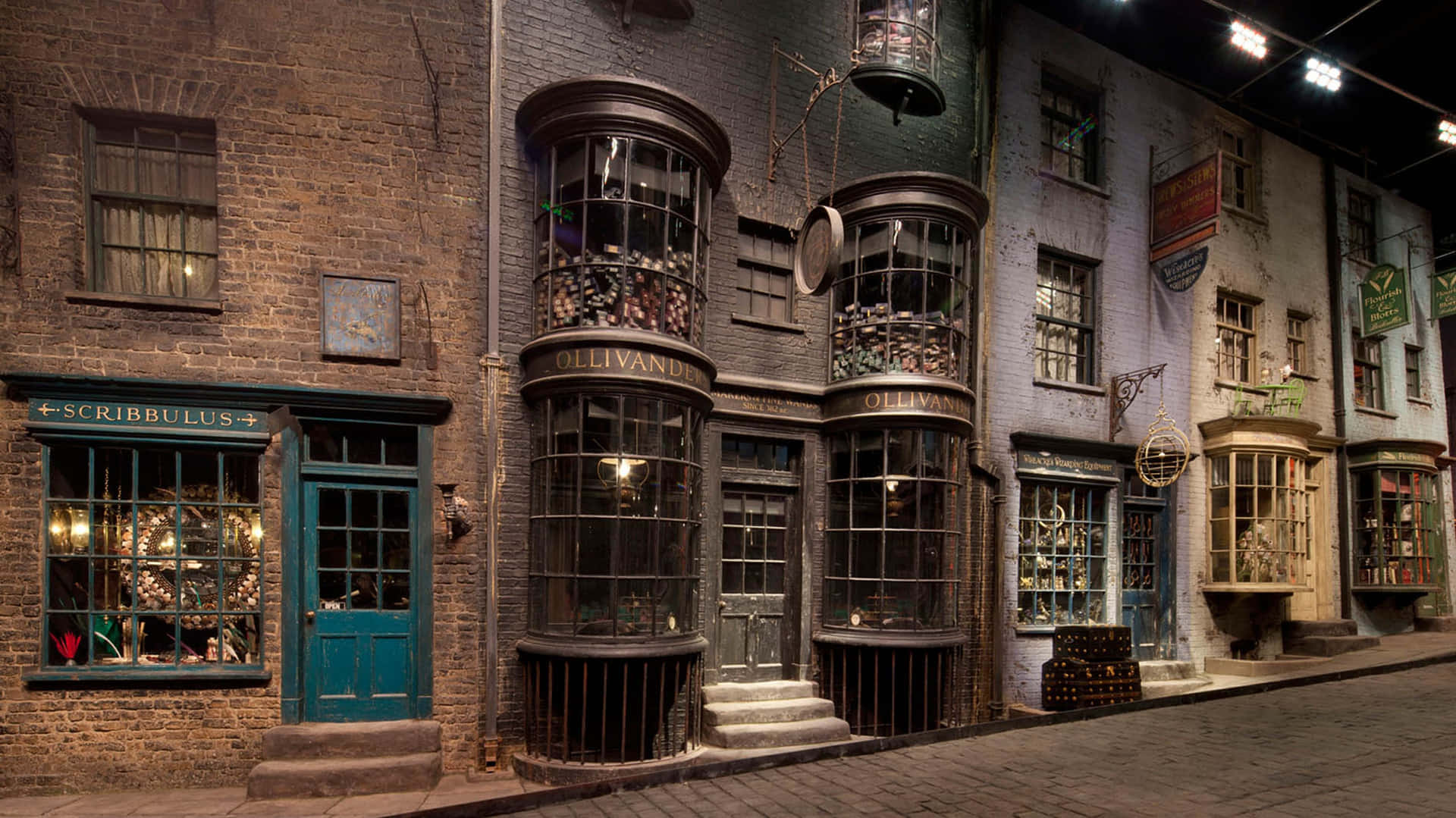 Magical Diagon Alley bustling with shoppers and wizards Wallpaper