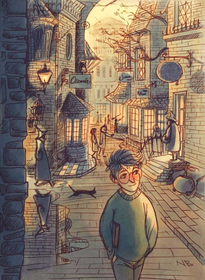 Magical Diagon Alley bustling with excitement Wallpaper
