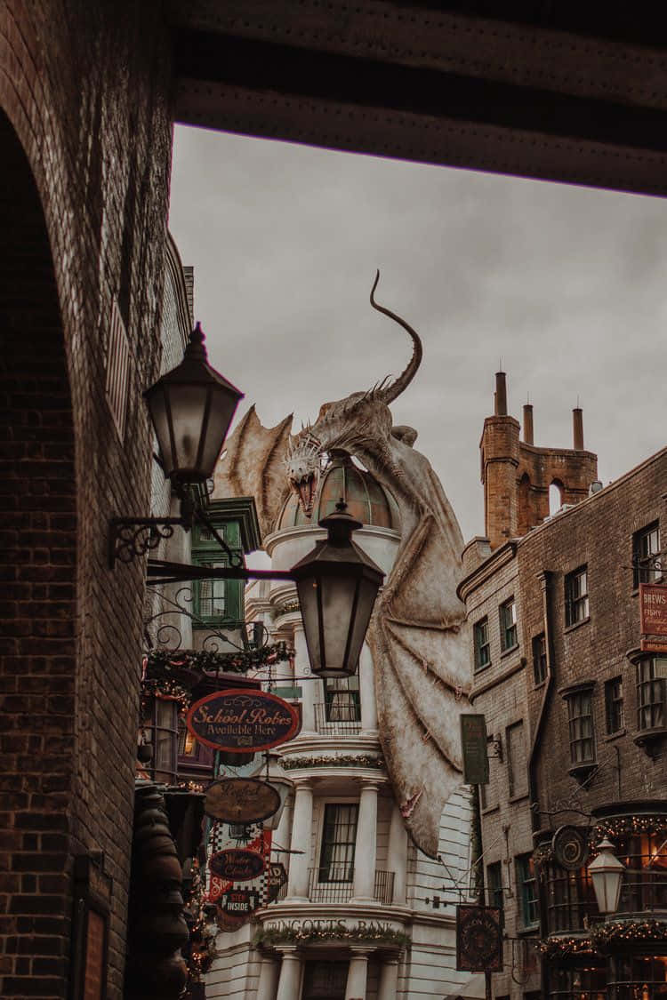 Magical Diagon Alley bustling with activity Wallpaper