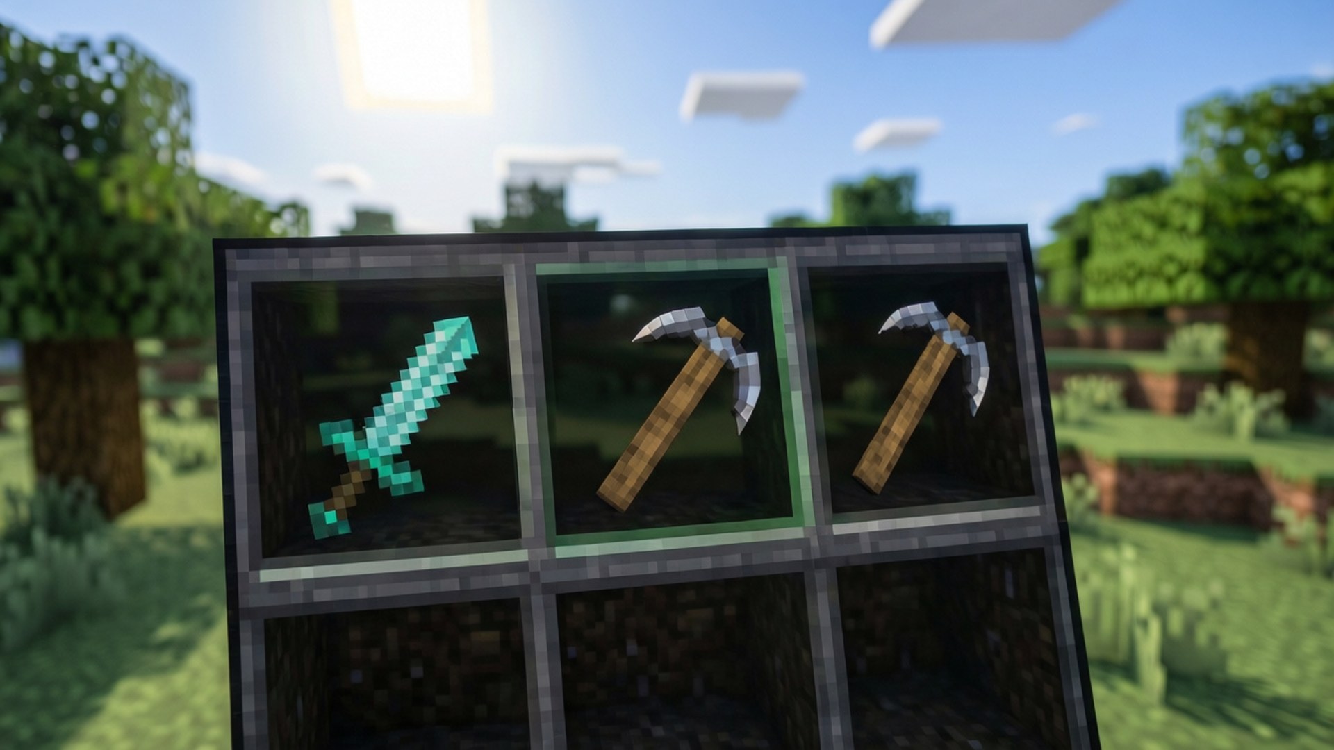 En närbild av Minecraft-inventariet med diamantverktyg mot en ljus landskapsbakgrund.