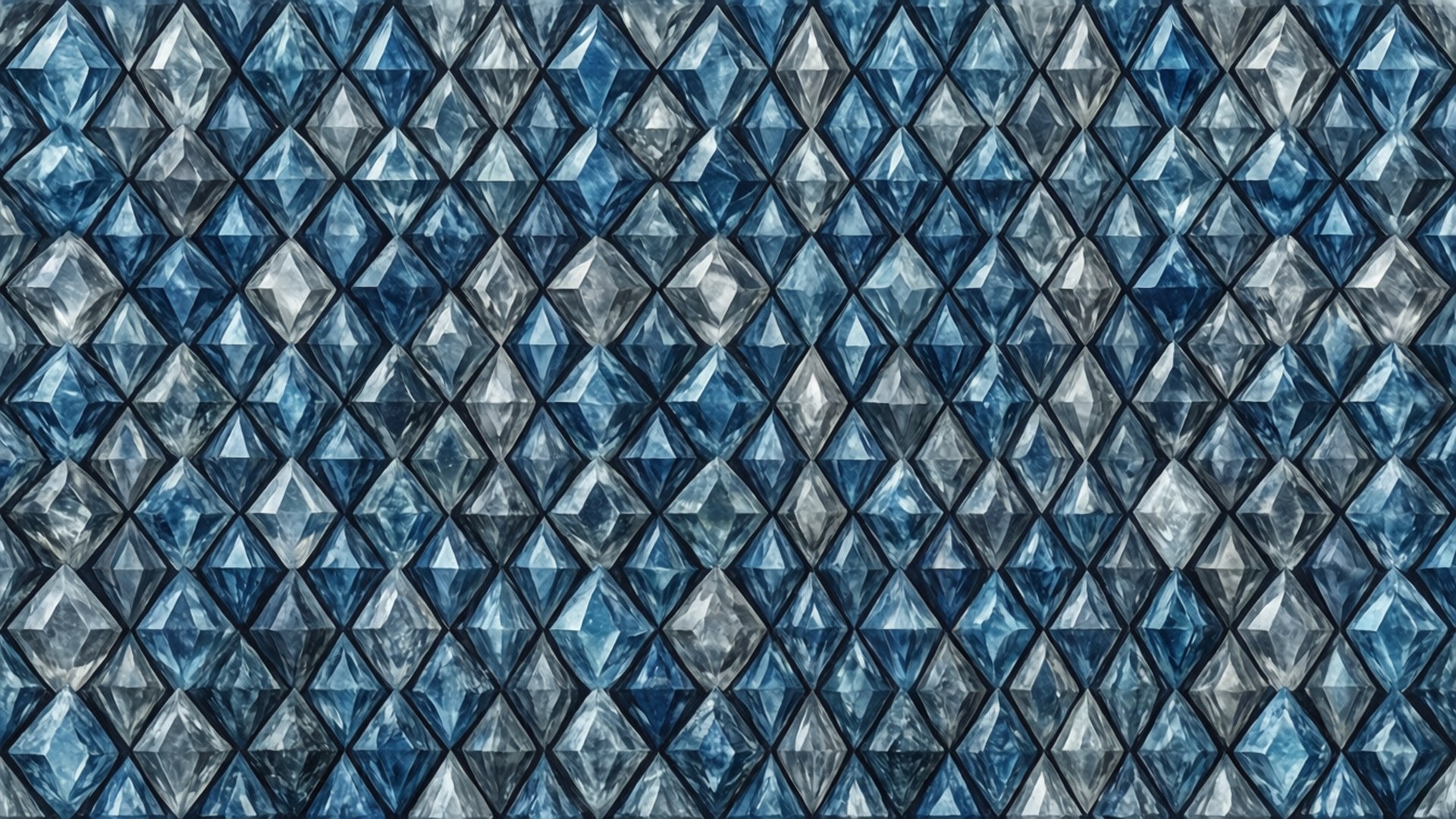 Abstrakt geometrisk tapet med blå og sølv diamantfasetter.
