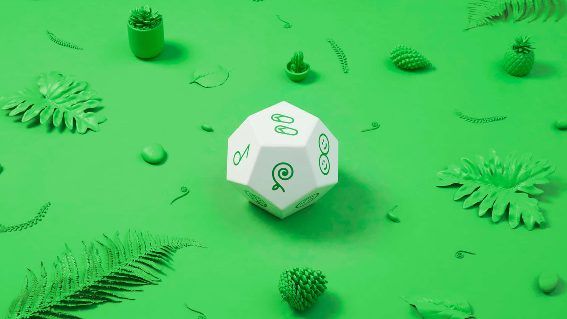 A White D6 On A Green Background With Plants Around It