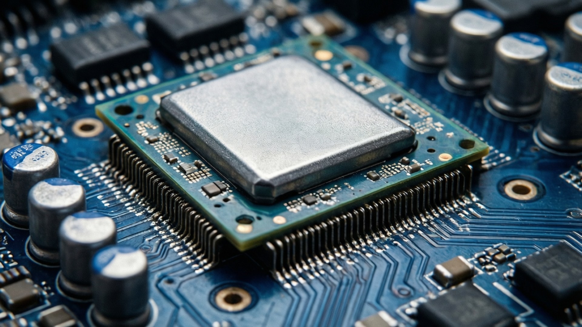 Et makro nærbillede af en GPU-die med metalliske detaljer.