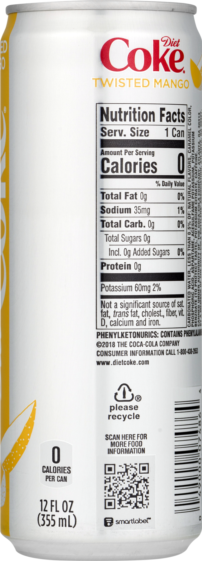 Diet Coke Twisted Mango Can Nutrition Label PNG