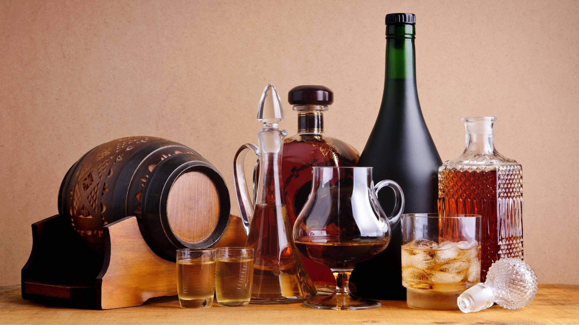 Different Drinking Alcohol With Wooden Barrel Picture