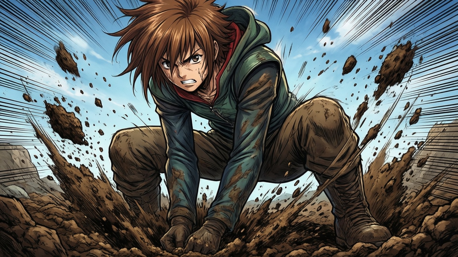 Anime-pojke gräver i lera med smuts som flyger runt honom.