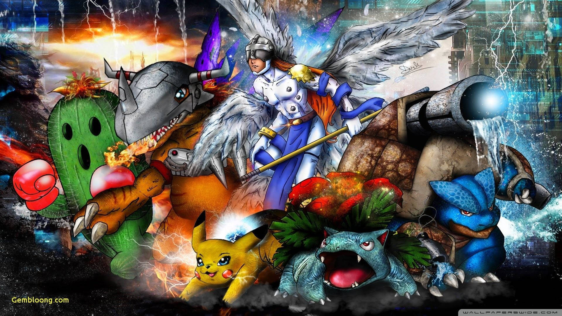 Caption: Exciting Fusion of Digimon and Pokemon Universe Wallpaper