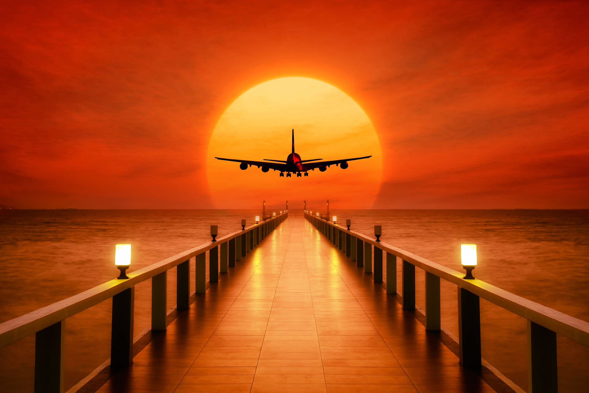 Airplane flying over a wharf wallpaper