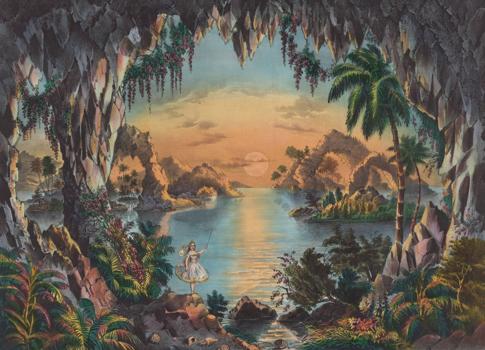 Digital art of forest with rocky cave and a fairy standing in front of water streams showing a fantasy land.