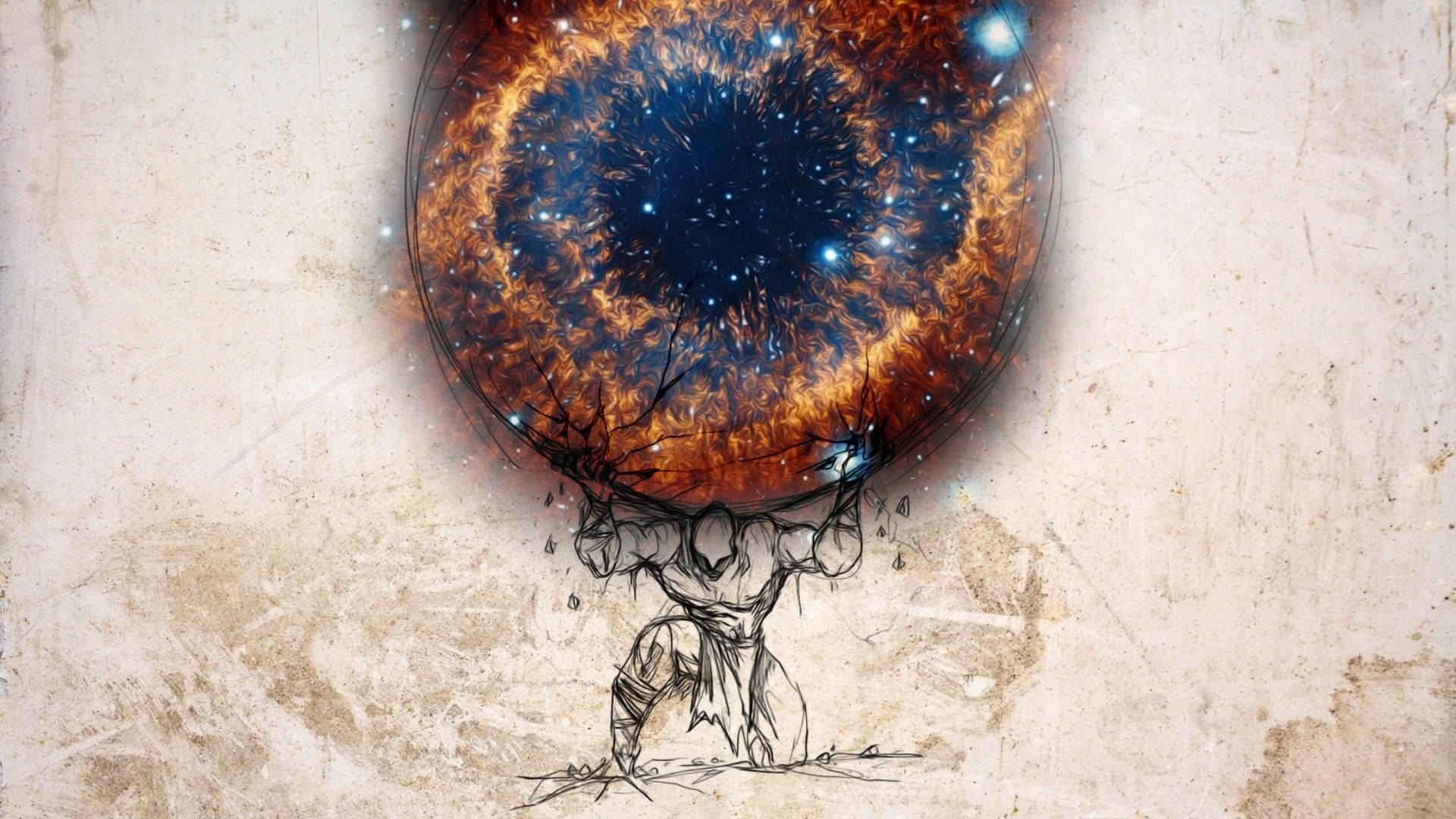 Digital Art with a man holding a big round starry galaxy for Atlas mythology.