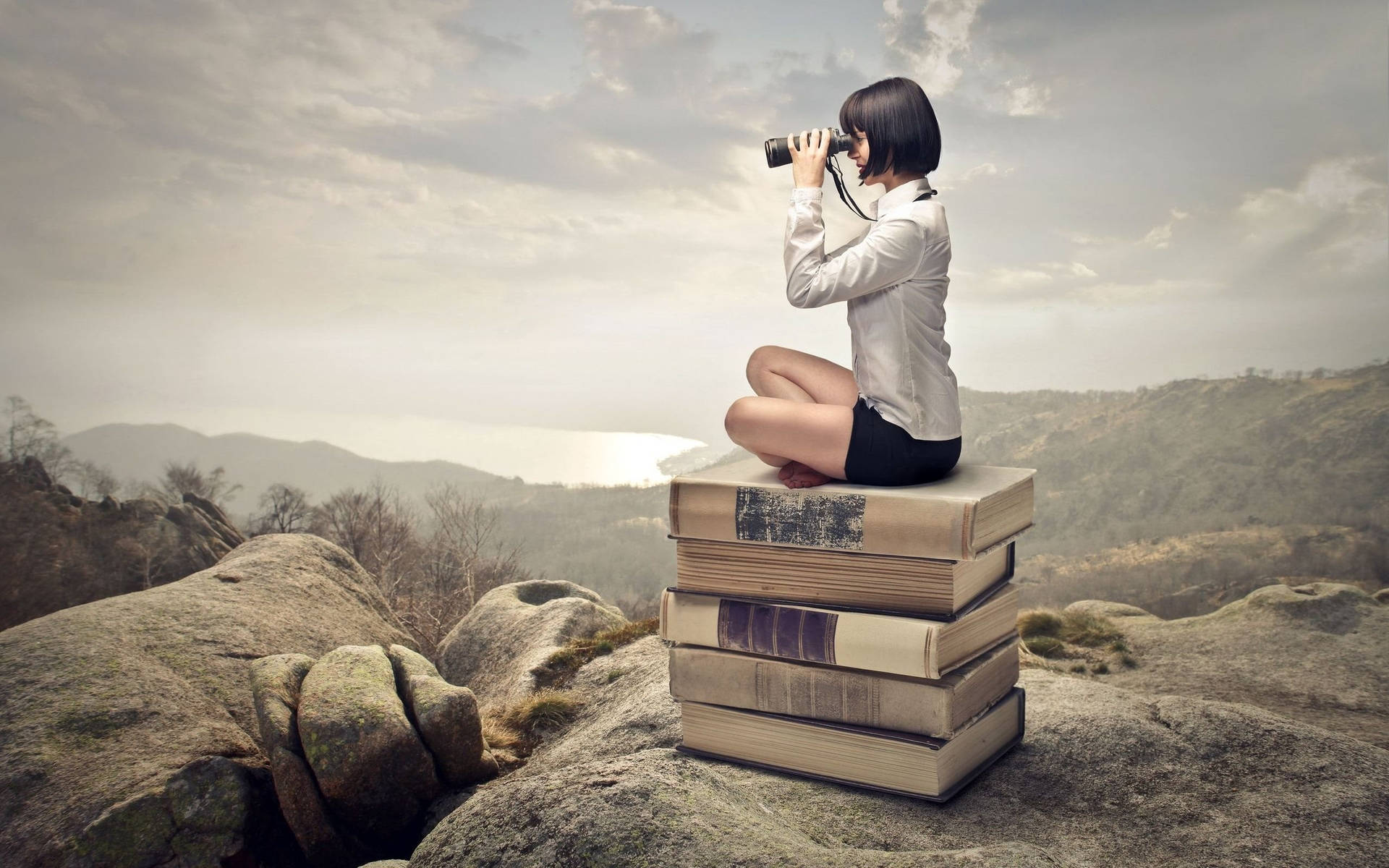 Digital Art Of A Girl With Telescope Seated On Books Wallpaper