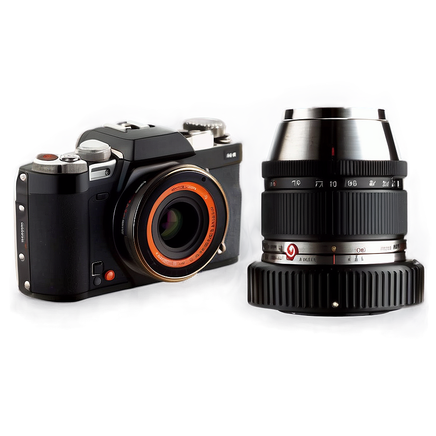 digital camera b PNG — A sleek black camera with orange lens accents sits beside a detached silver lens against a soft gradient background.
