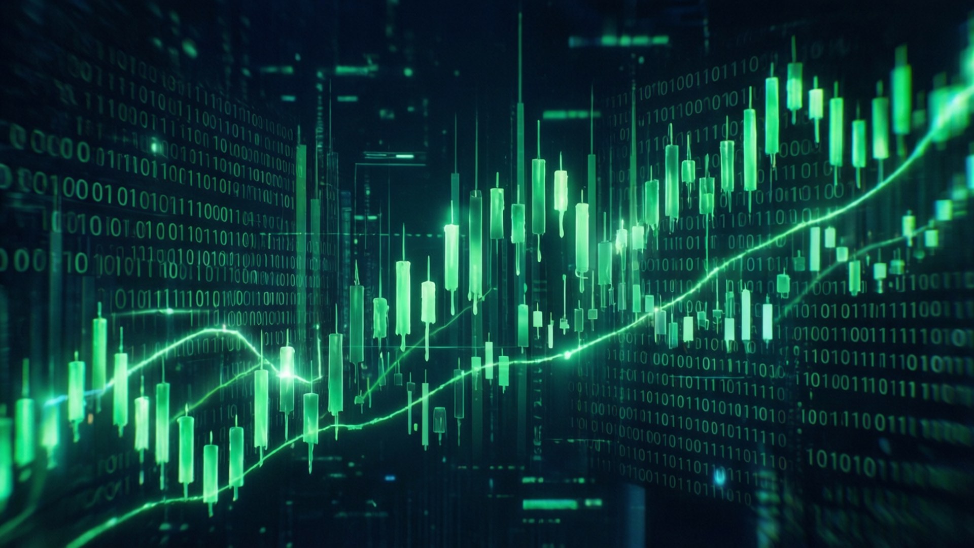 En cyberpunk-inspireret digital kunst med glødende grønne lysestager og binær kode.