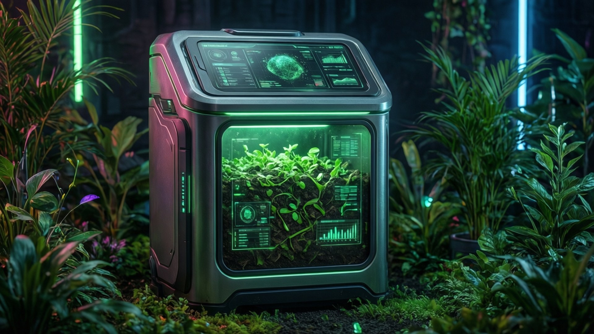 A futuristic compost bin with glowing digital interface and neon lights in a cyberpunk garden.