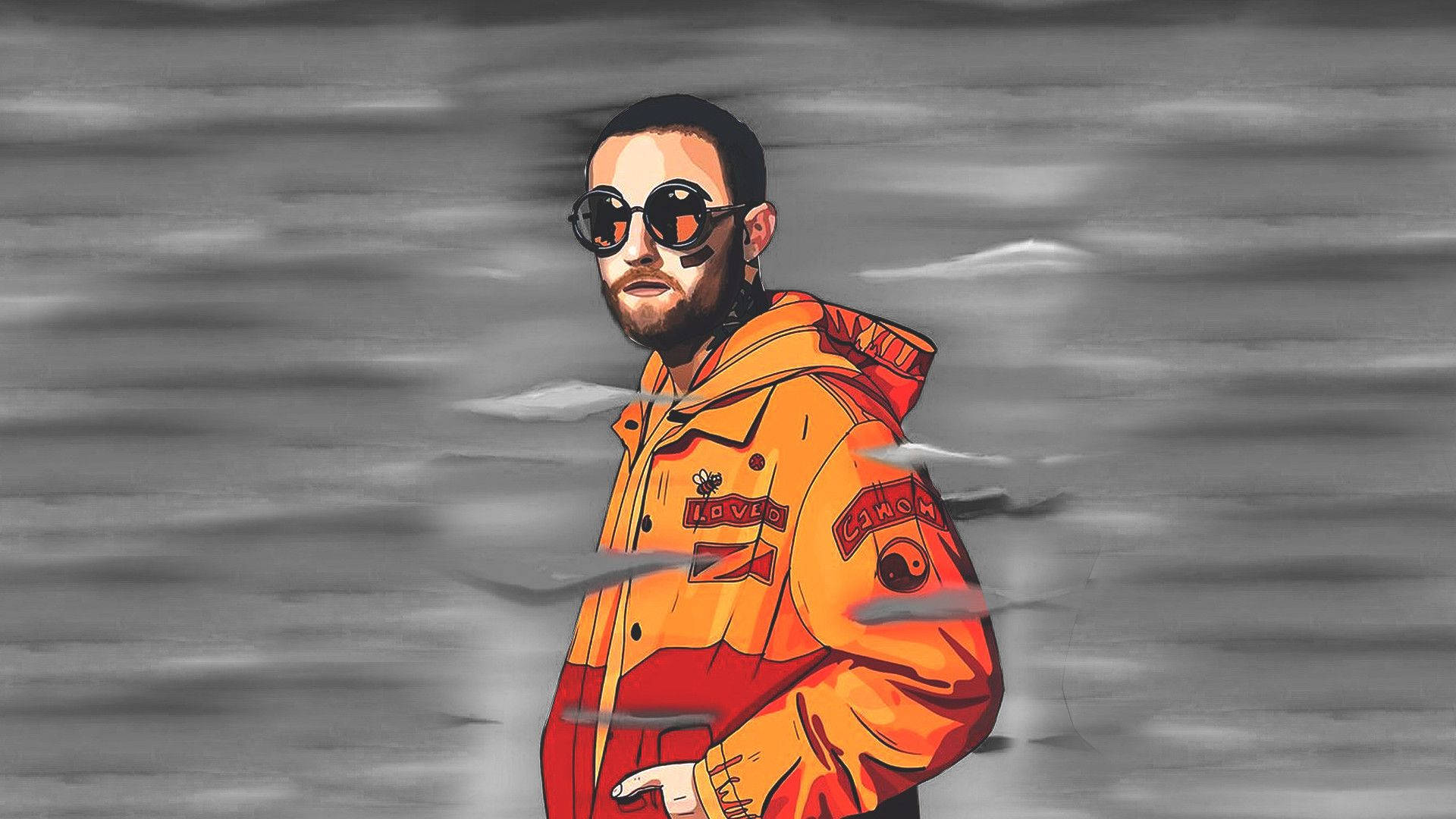 Digital Drawing Of Mac Miller In Orange Jacket Wallpaper