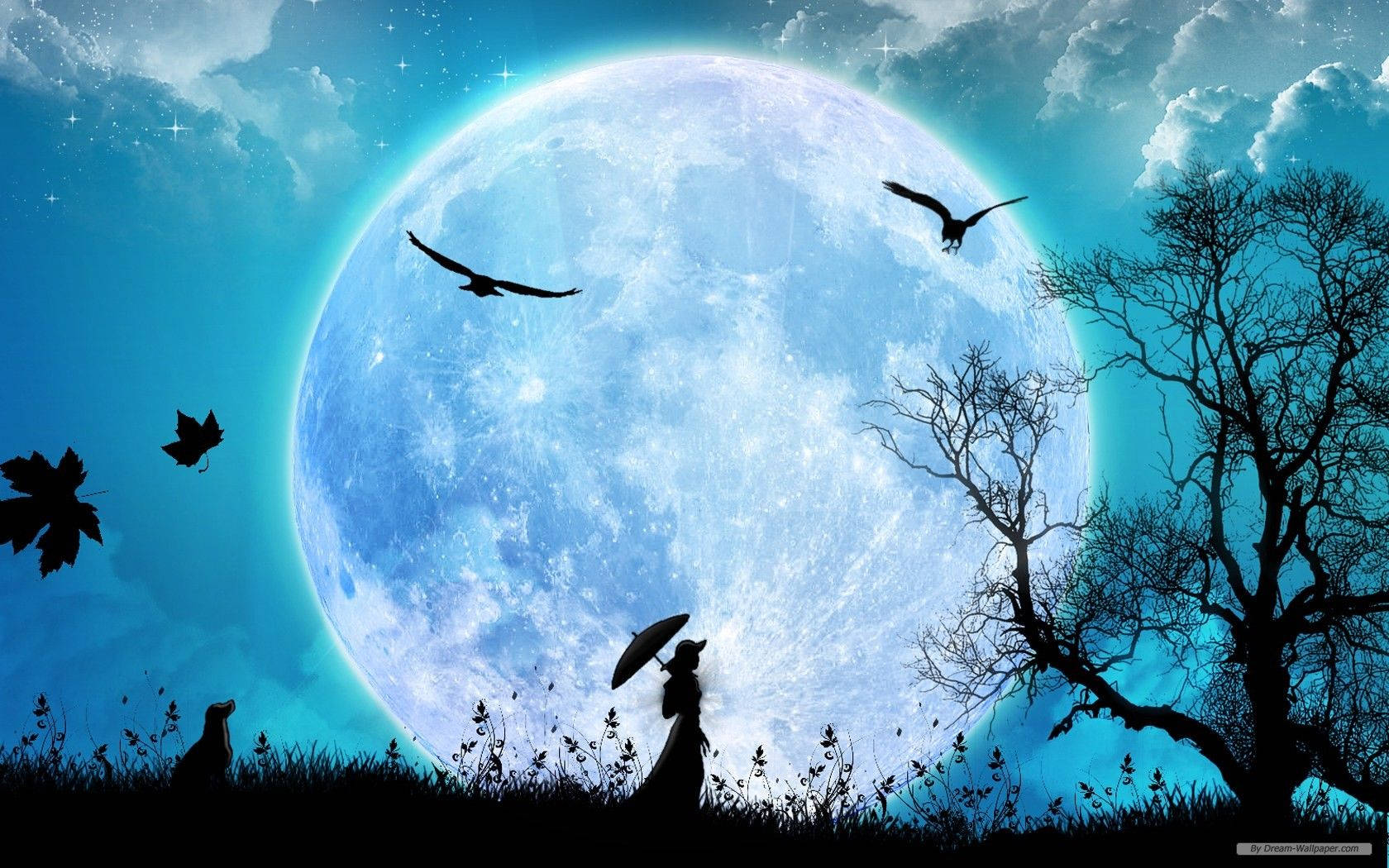 Digital art of a woman with umbrella standing on front of a bright full moon looking at the tree.