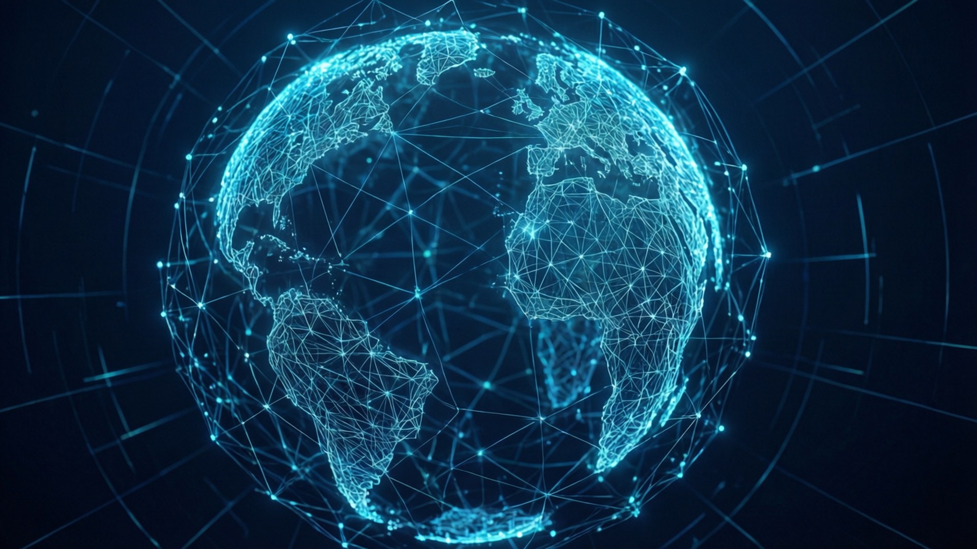 Abstract wallpaper of interconnected nodes forming a globe in blue and cyan.