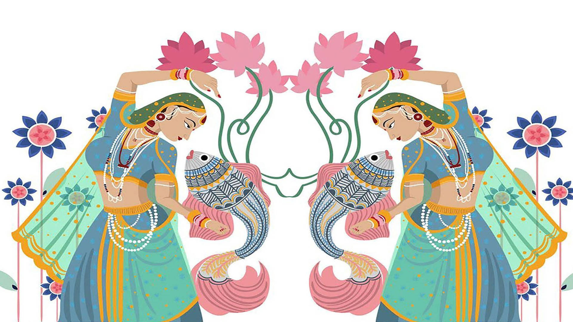 Digital Madhubani Folk Art Wallpaper