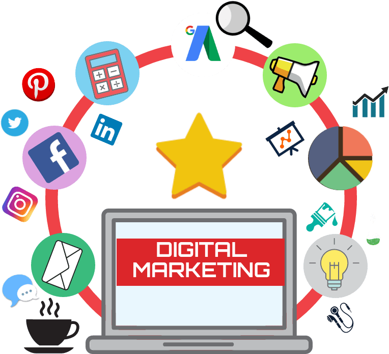 Digital Marketing Elements Around Laptop PNG