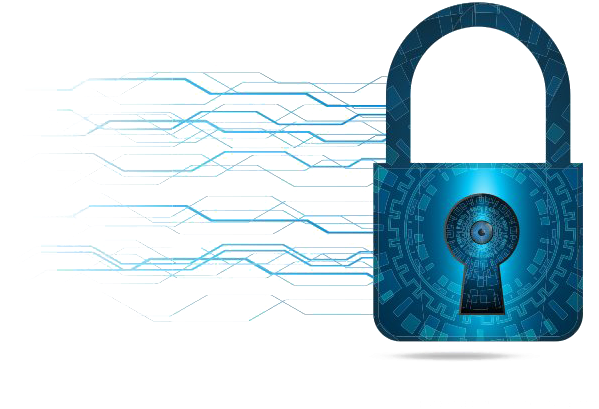 Digital Security Padlock PNG — A glowing blue digital padlock with circuit patterns stands against a black background with white glitch lines.