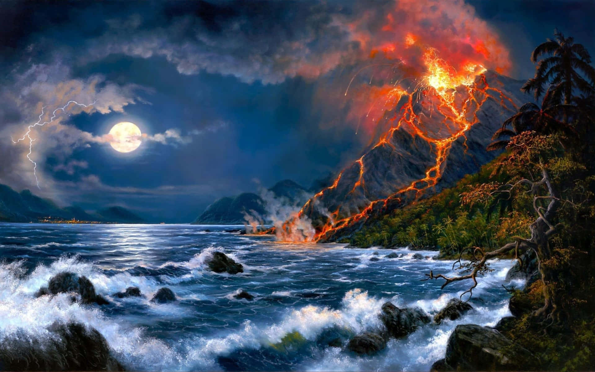 Digitalgemaltes Ausbrechendes Vulkan Wallpaper