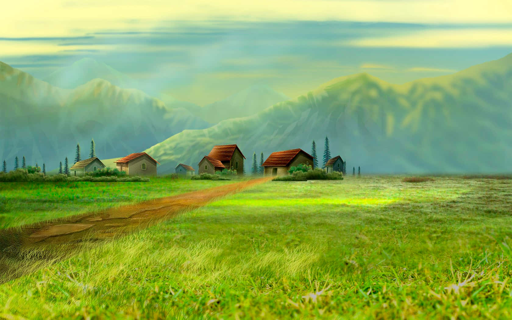 Digitalt malet landskab lille bakke landsby Scene: Wallpaper