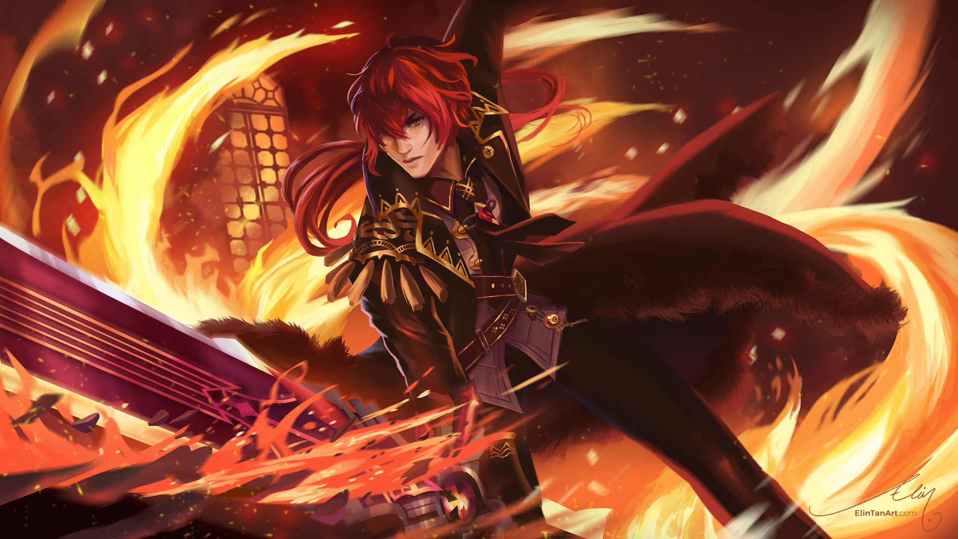 En pige med rødt hår, der holder et sværd i flammer Wallpaper