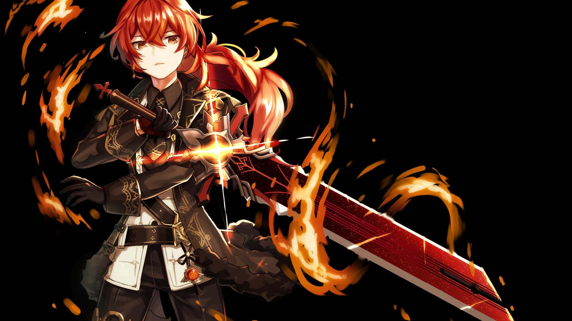 A Girl Holding A Sword In Flames Wallpaper