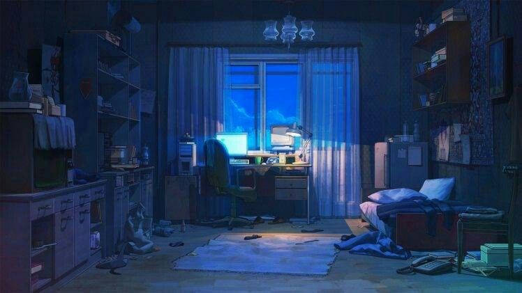 Dim Anime Room With Laptop Turned On Picture
