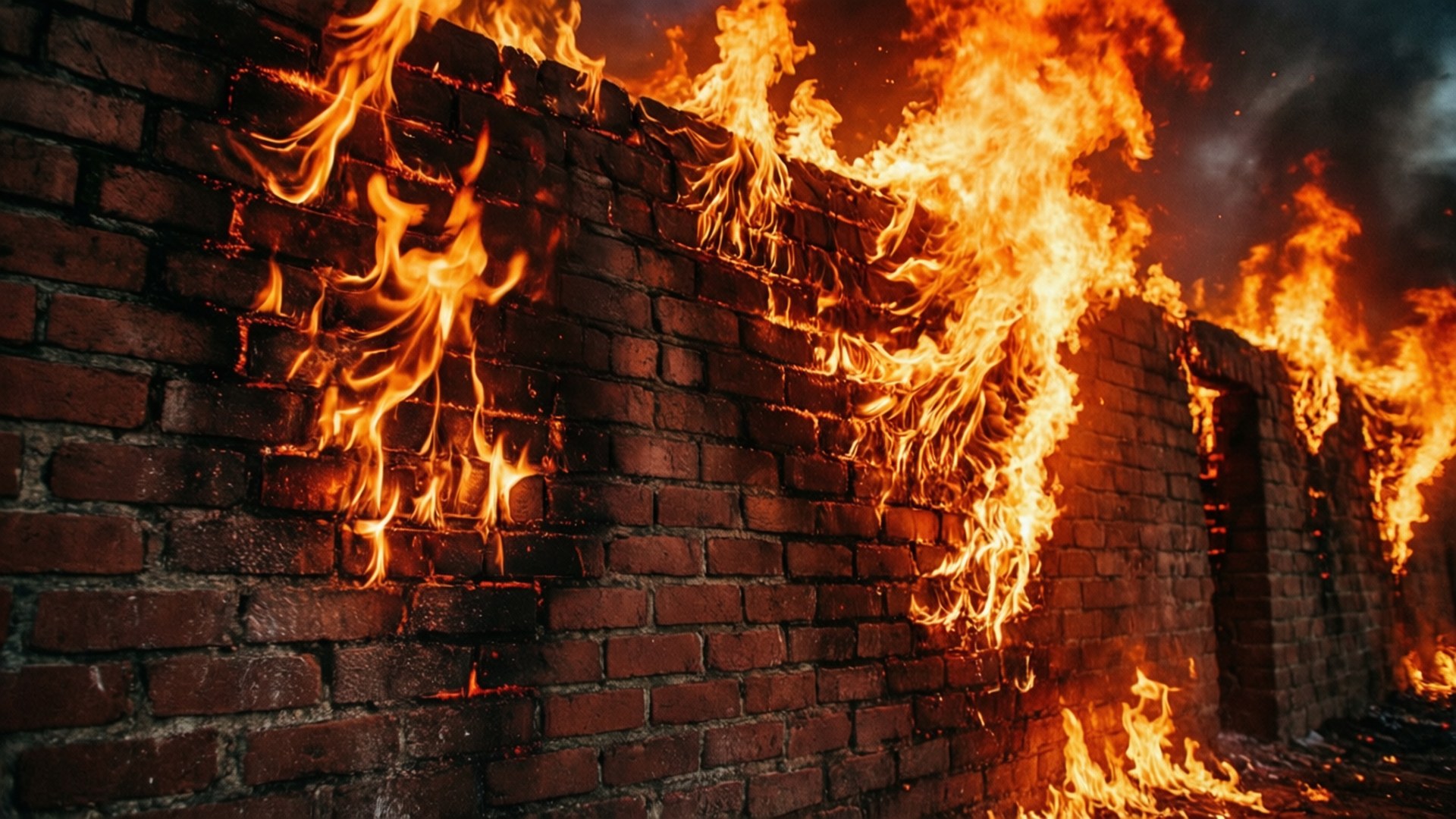 Burning Brick Wall Wallpaper — Intense orange flames violently consume a weathered brick wall under a dark smoky sky.