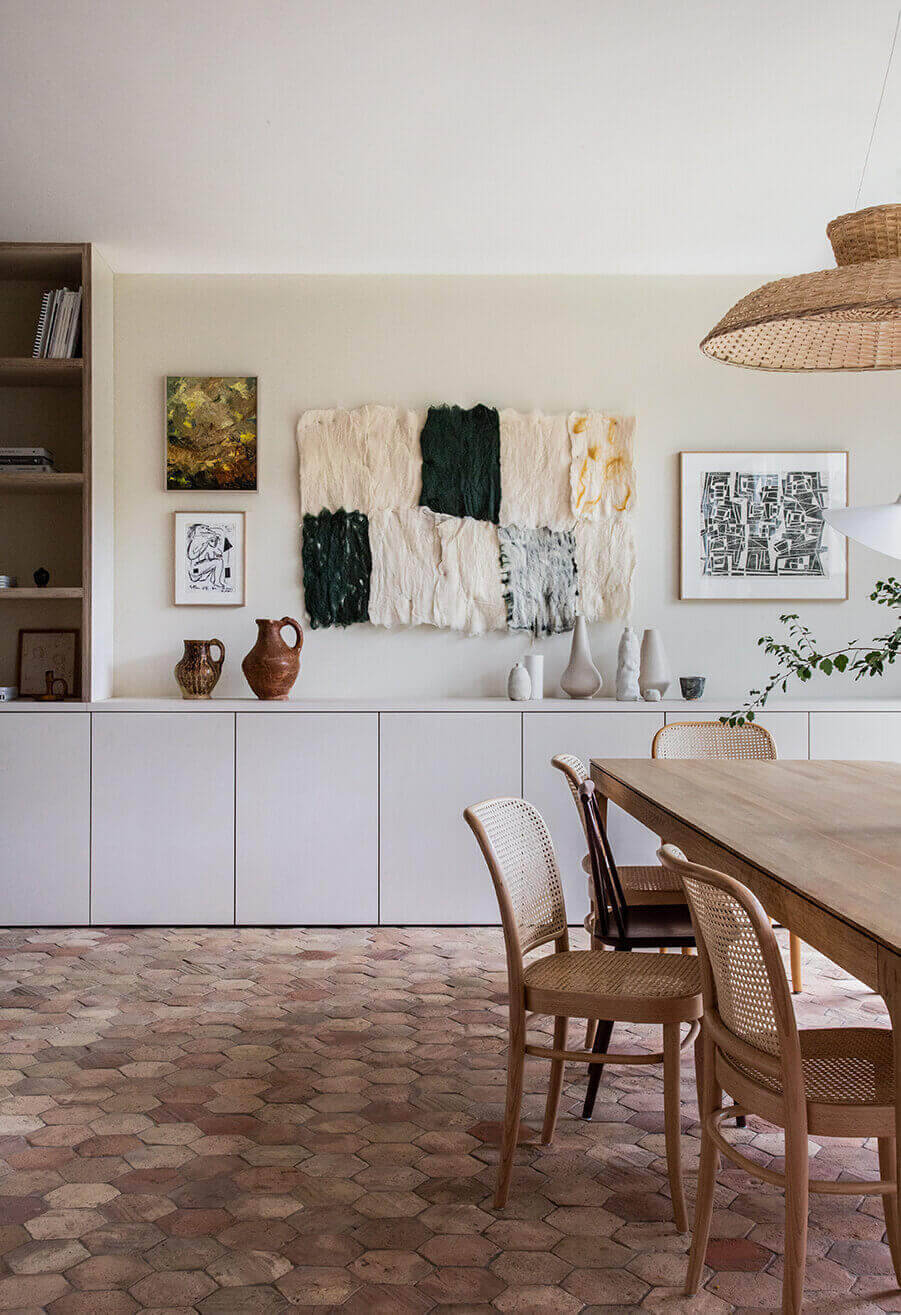 Dining Room With Brick Floor Tiles Wallpaper