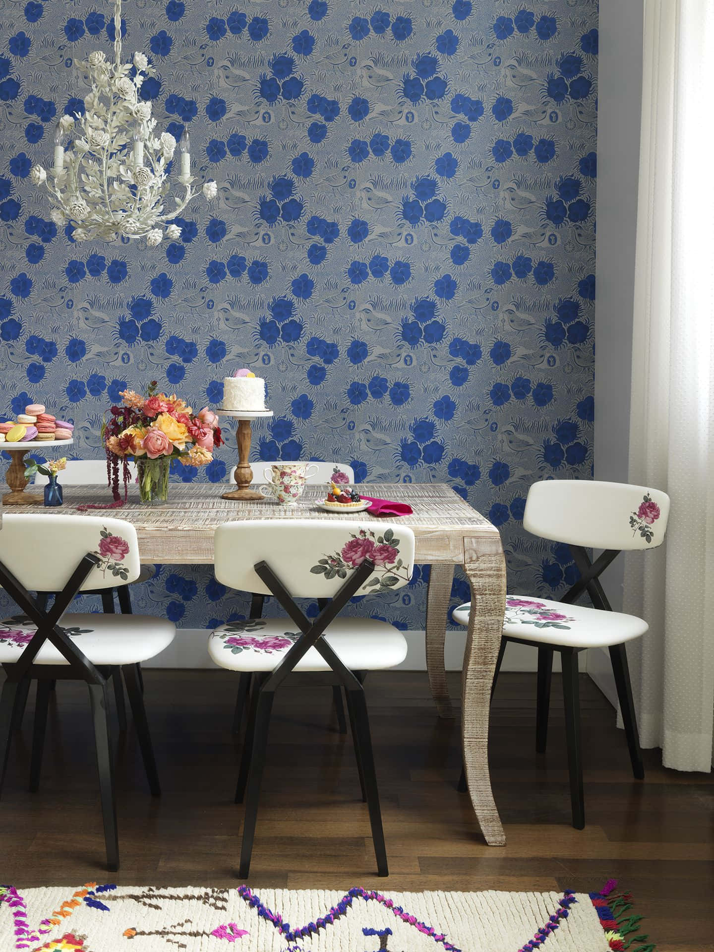 Dining Room With White Floral Chairs Wallpaper