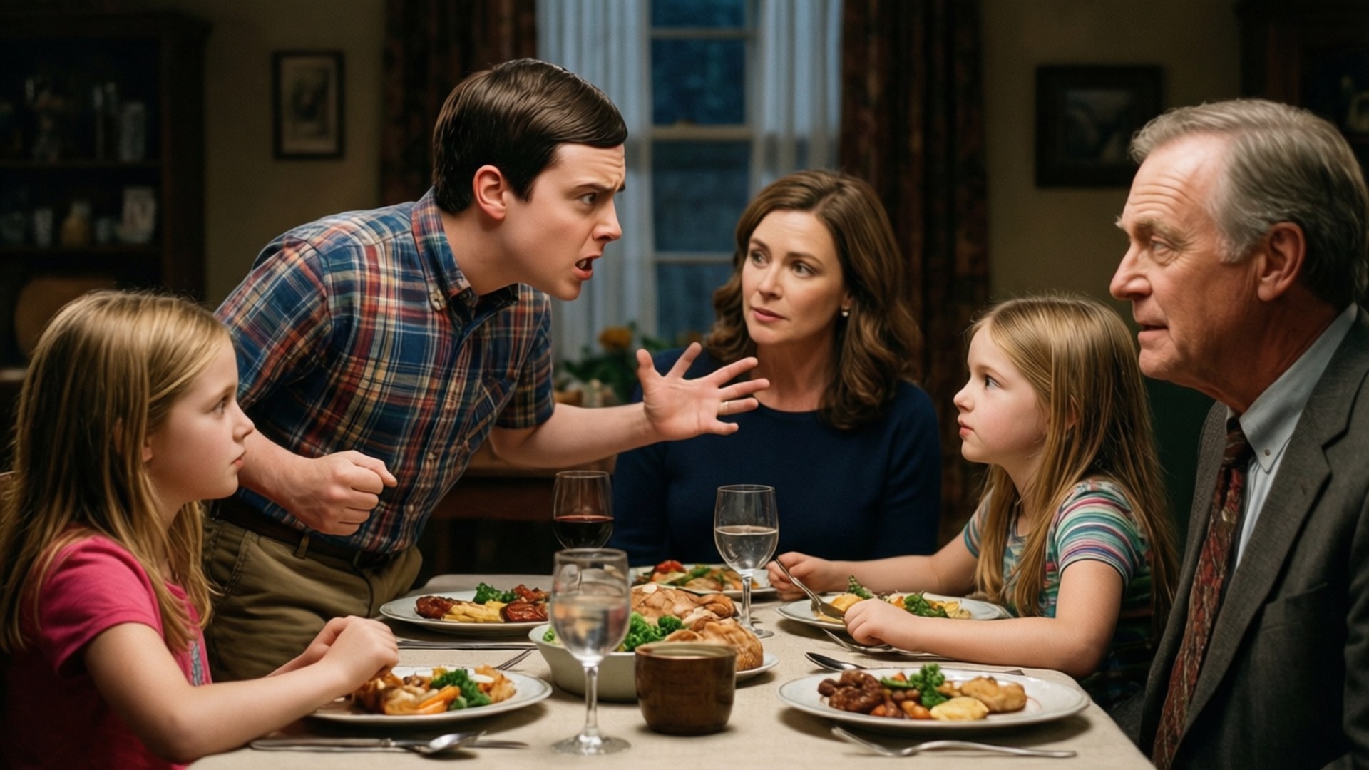 En opphetet familiediskusjon ved middagsbordet med Young Sheldon, et realistisk bakgrunnsbilde.