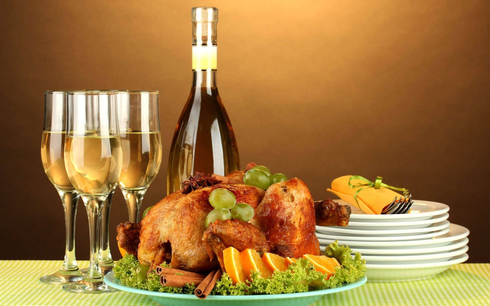 Dinner With Fried Chicken And Wine Background