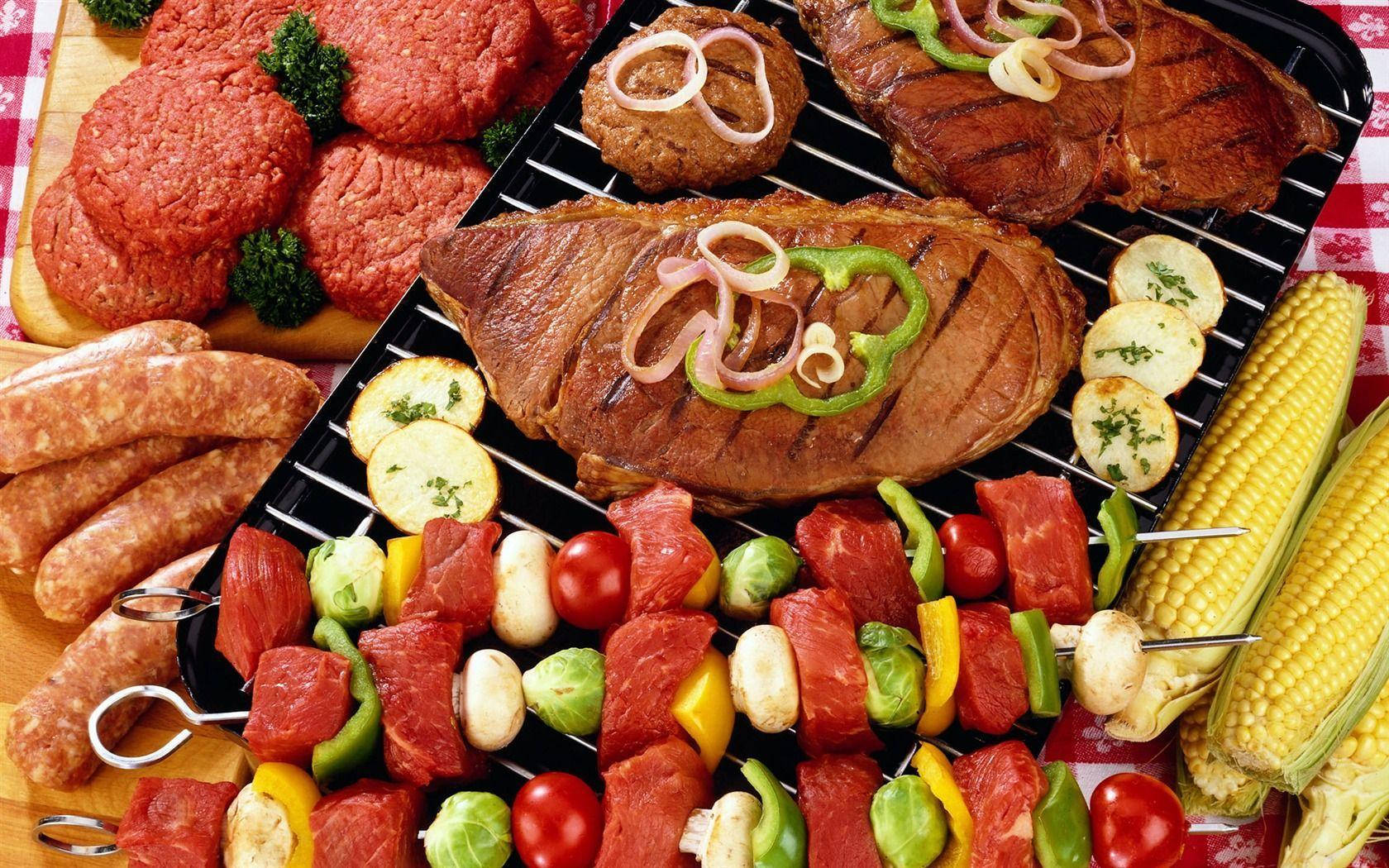 Dinner With Grilled Meat And Skewers Background