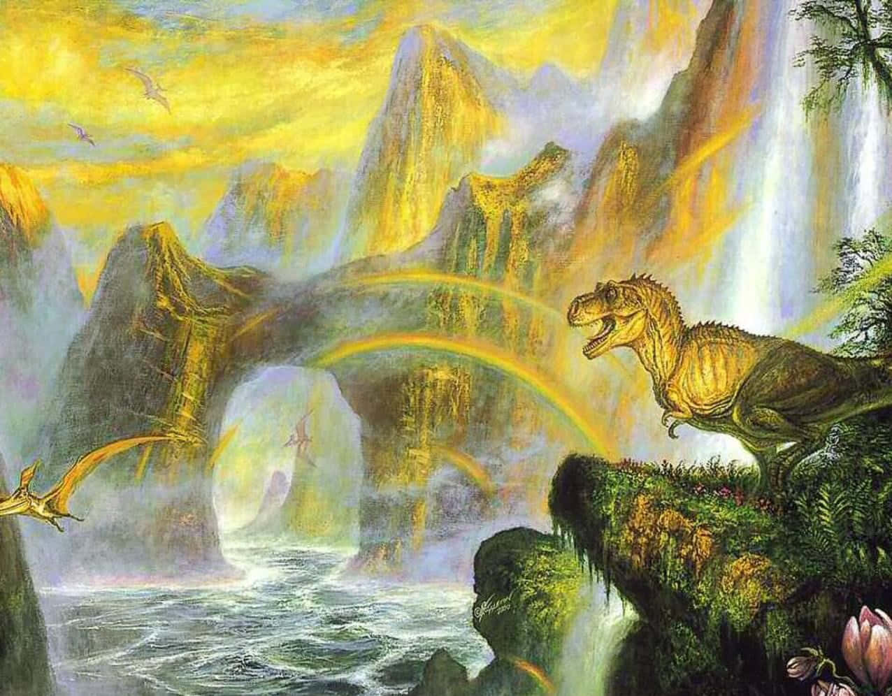 A Painting Of A Dinosaur In A Waterfall