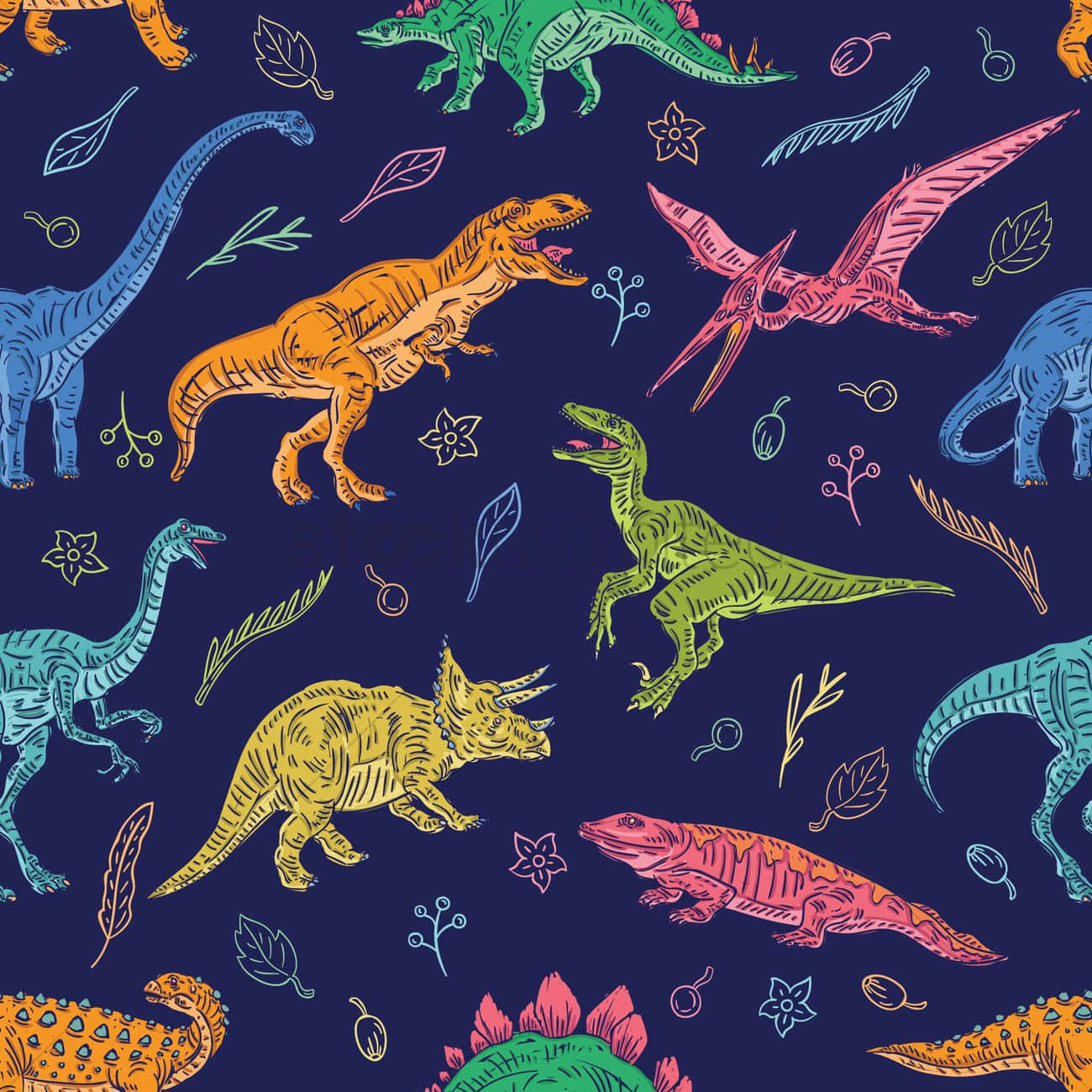 Seamless Pattern With Dinosaurs On A Dark Blue Background