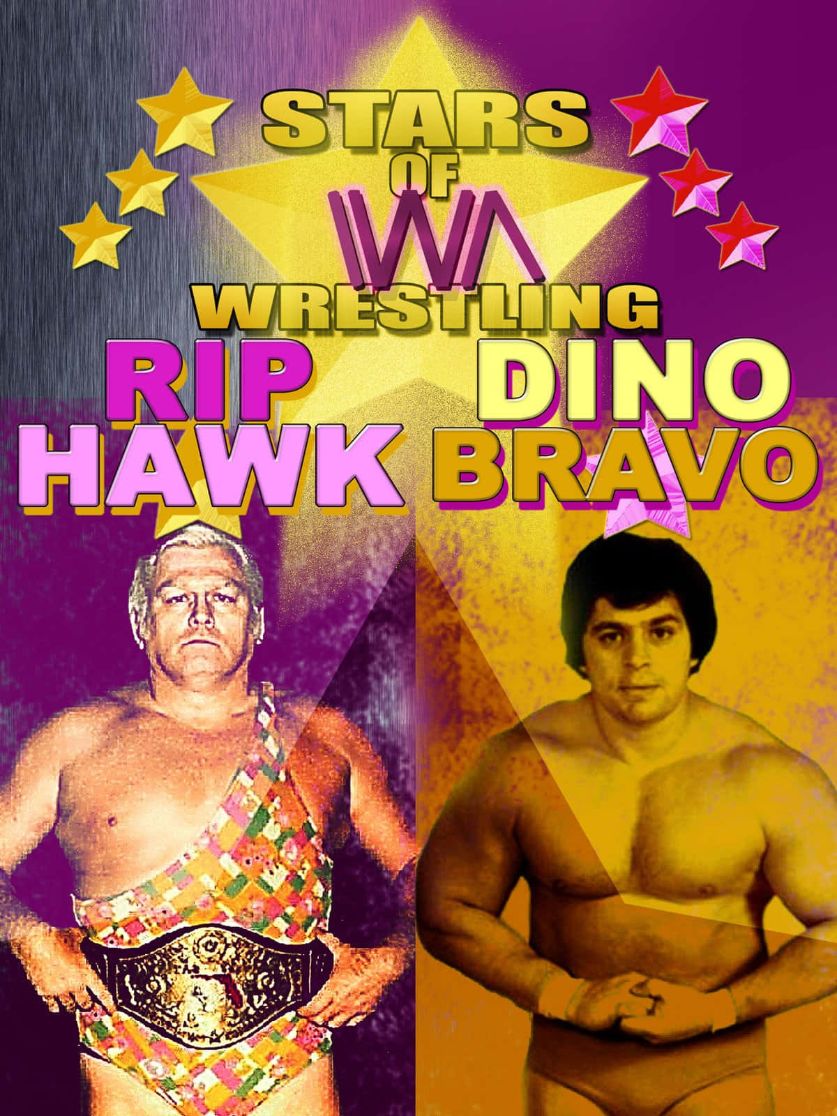 The wrestling legends Dino Bravo and Rip Hawk in vintage poster. Wallpaper