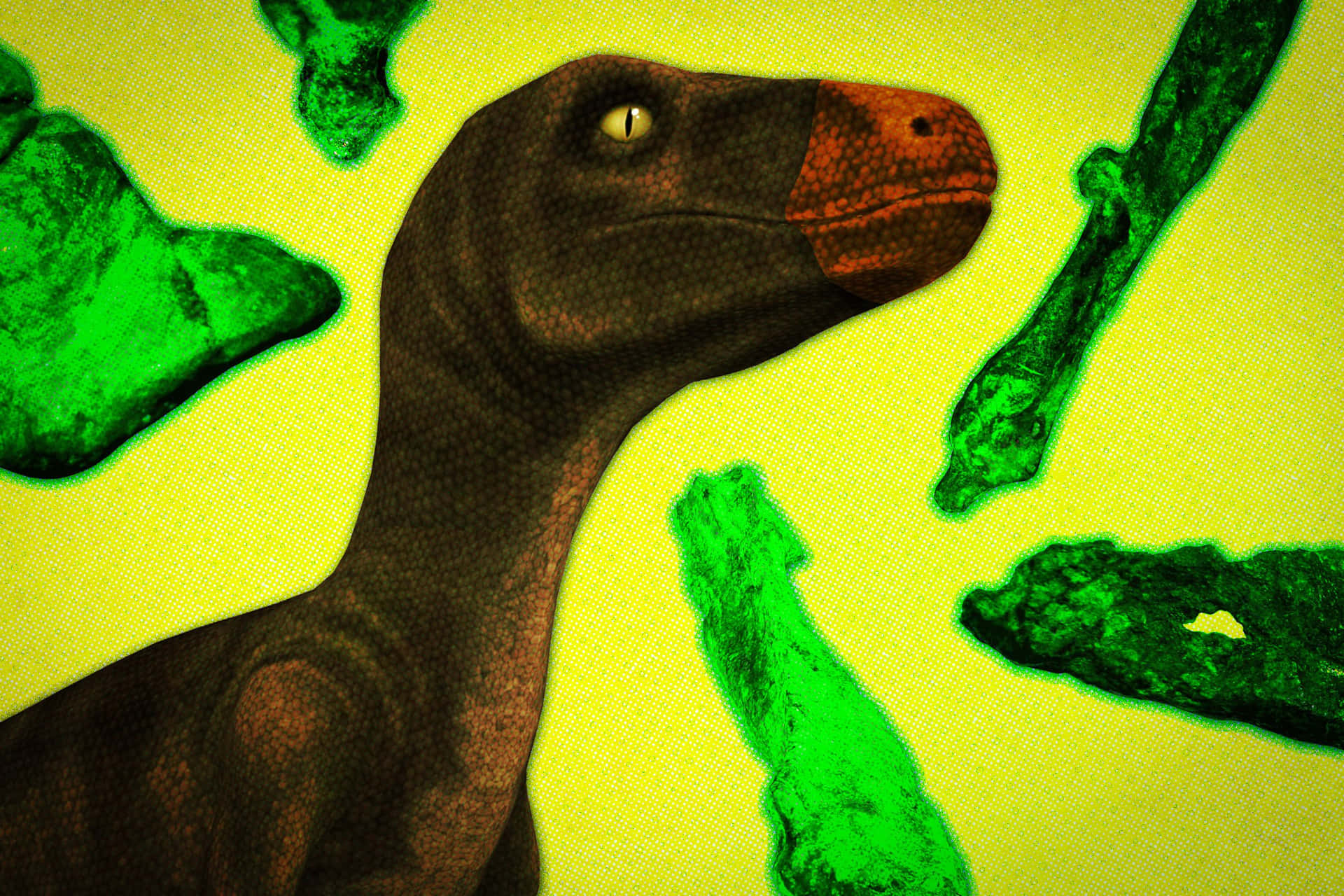 A Dinosaur Is Standing In Front Of Some Green Rocks