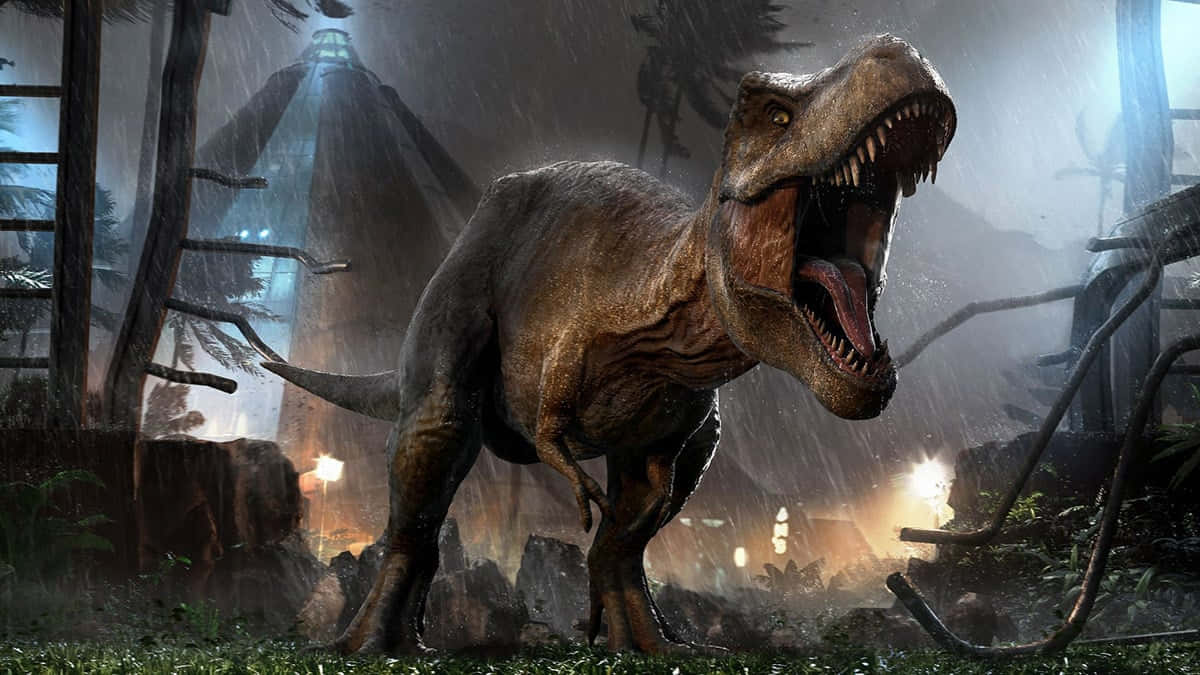 A fierce dinosaur walking through the prehistoric landscape