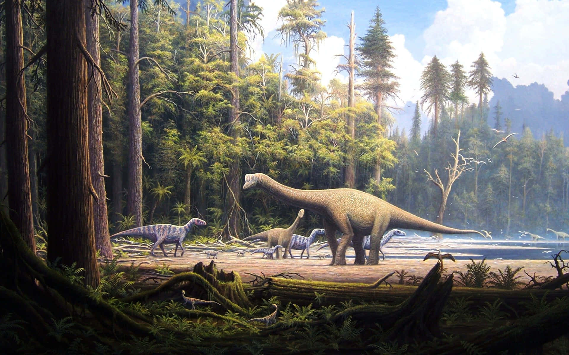 A Painting Of A Group Of Dinosaurs In A Forest