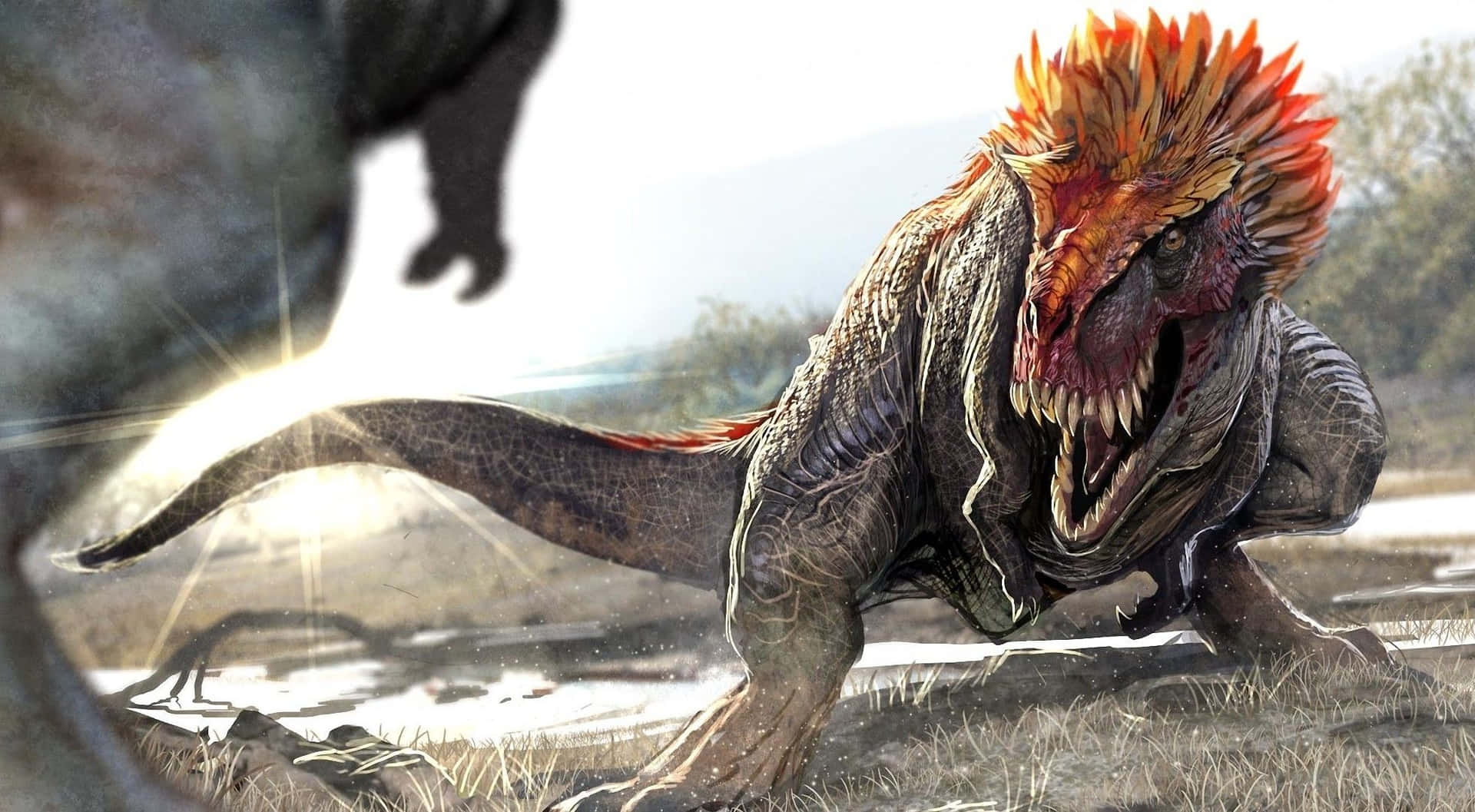Eindinosaurier Kämpft In Einem Feld Gegen Einen Anderen Dinosaurier.