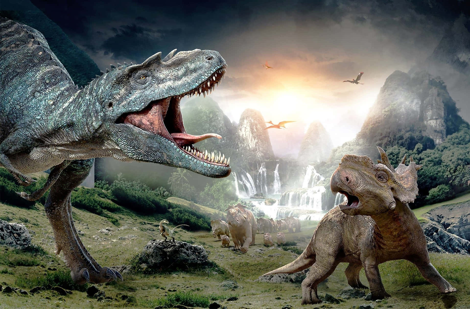 A giant herbivore dinosaur stands in a beautiful, mysterious landscape