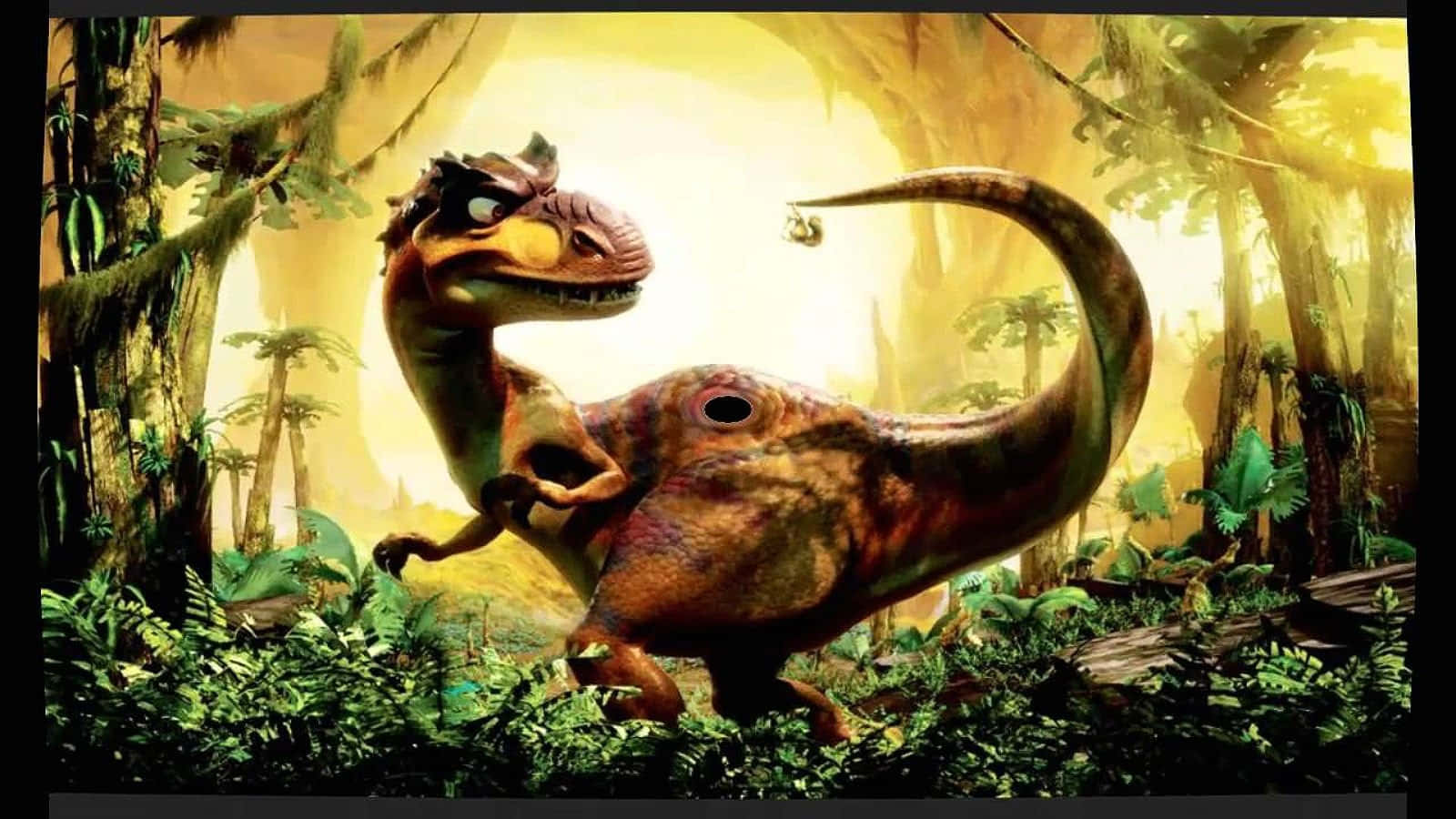 "T-Rex and Triceratops cuddle in a peaceful cartoon setting."