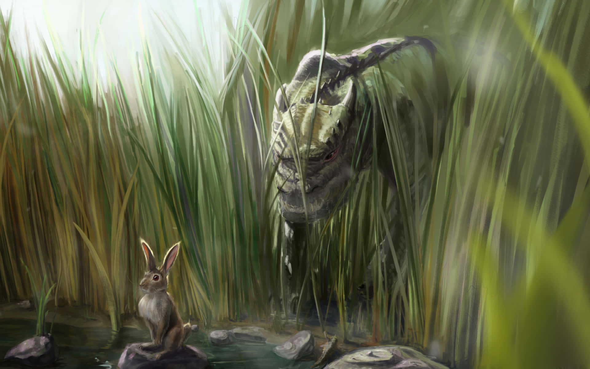 A Rabbit And A Dragon In The Grass