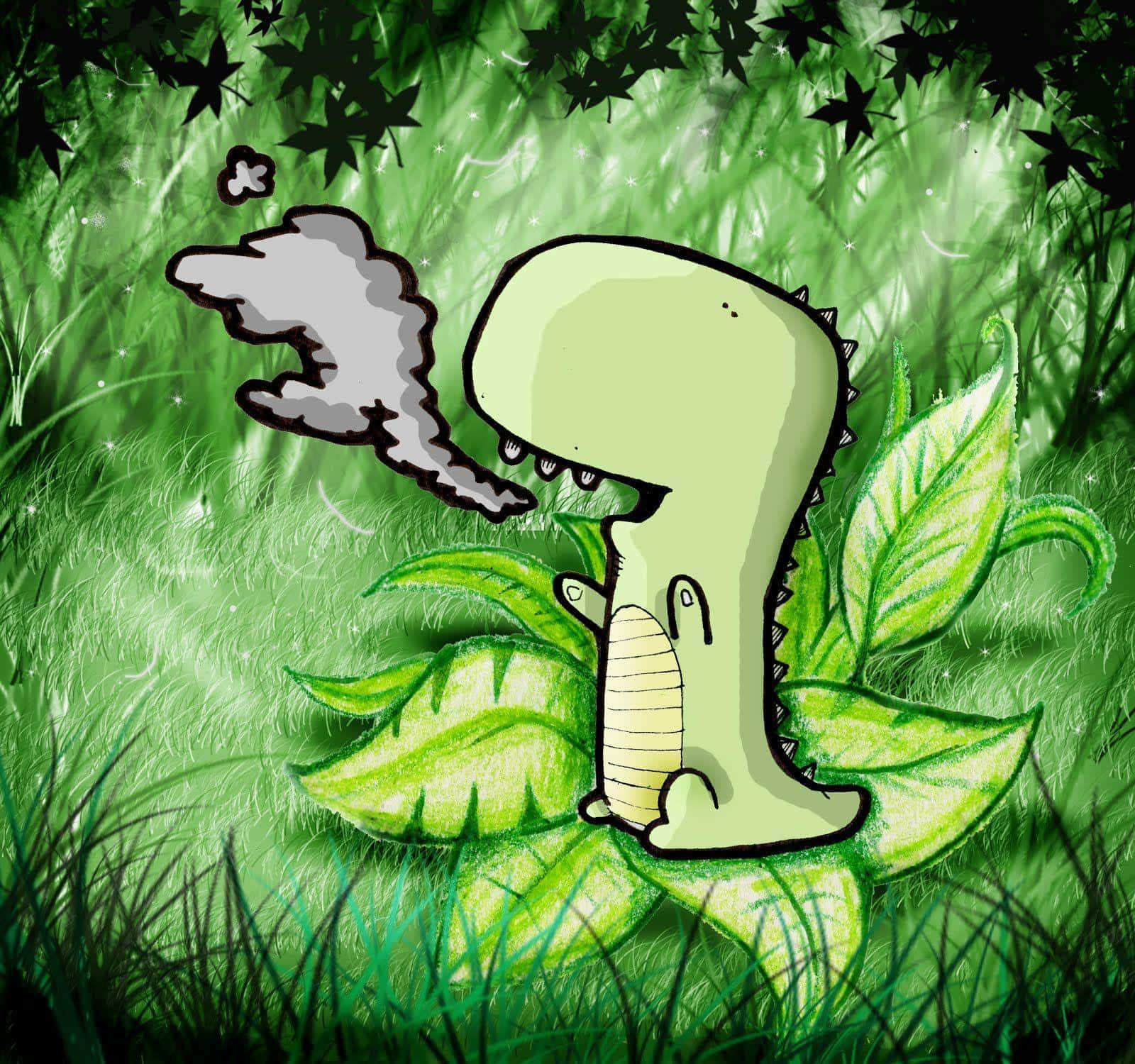 A Cartoon Dinosaur Smoking In The Grass