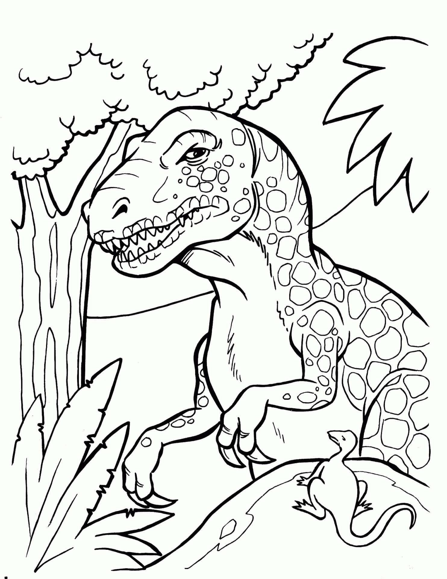 A Dinosaur Coloring Page With A Tree And A Bird