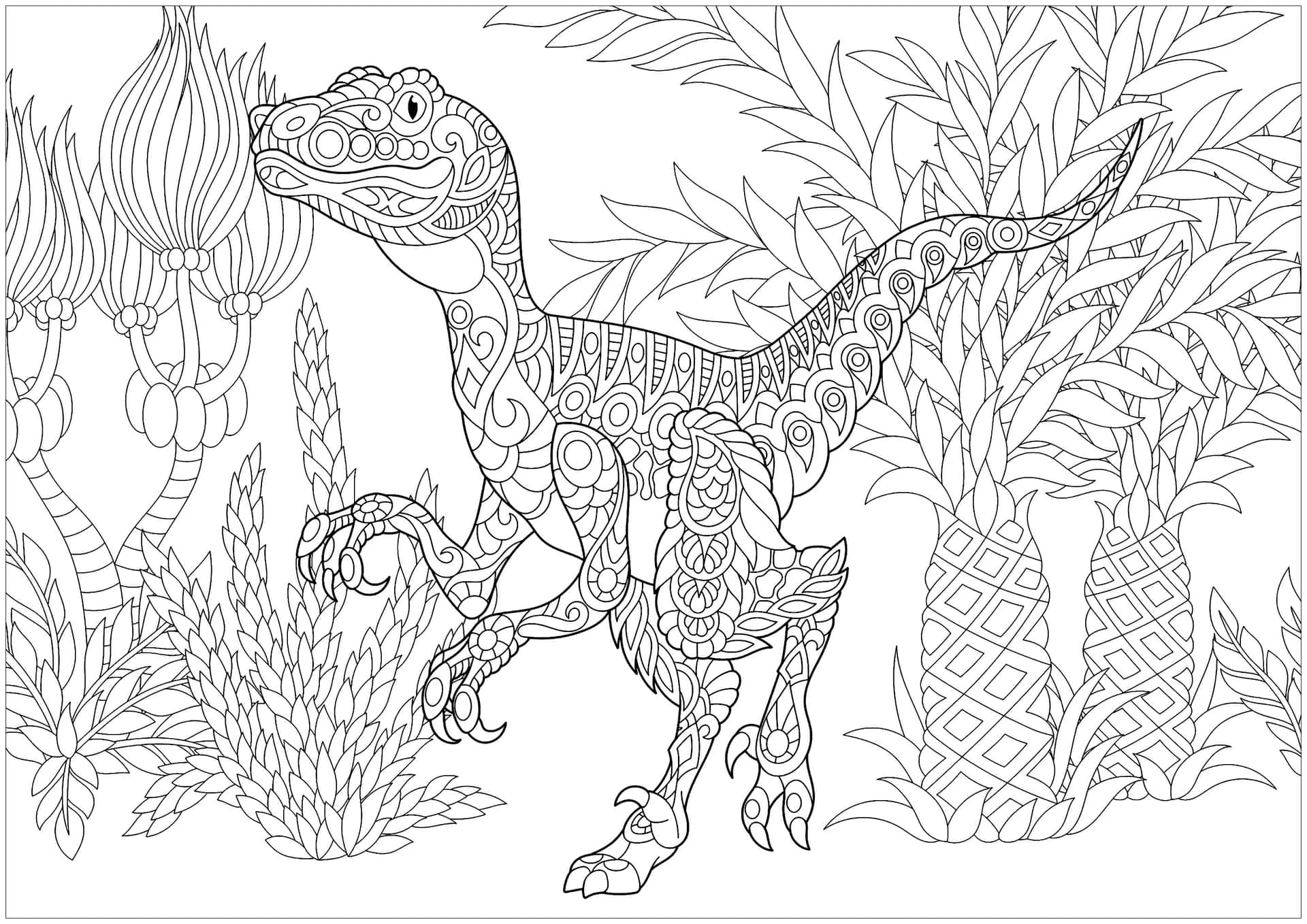 A Dinosaur Coloring Page With Plants And Flowers