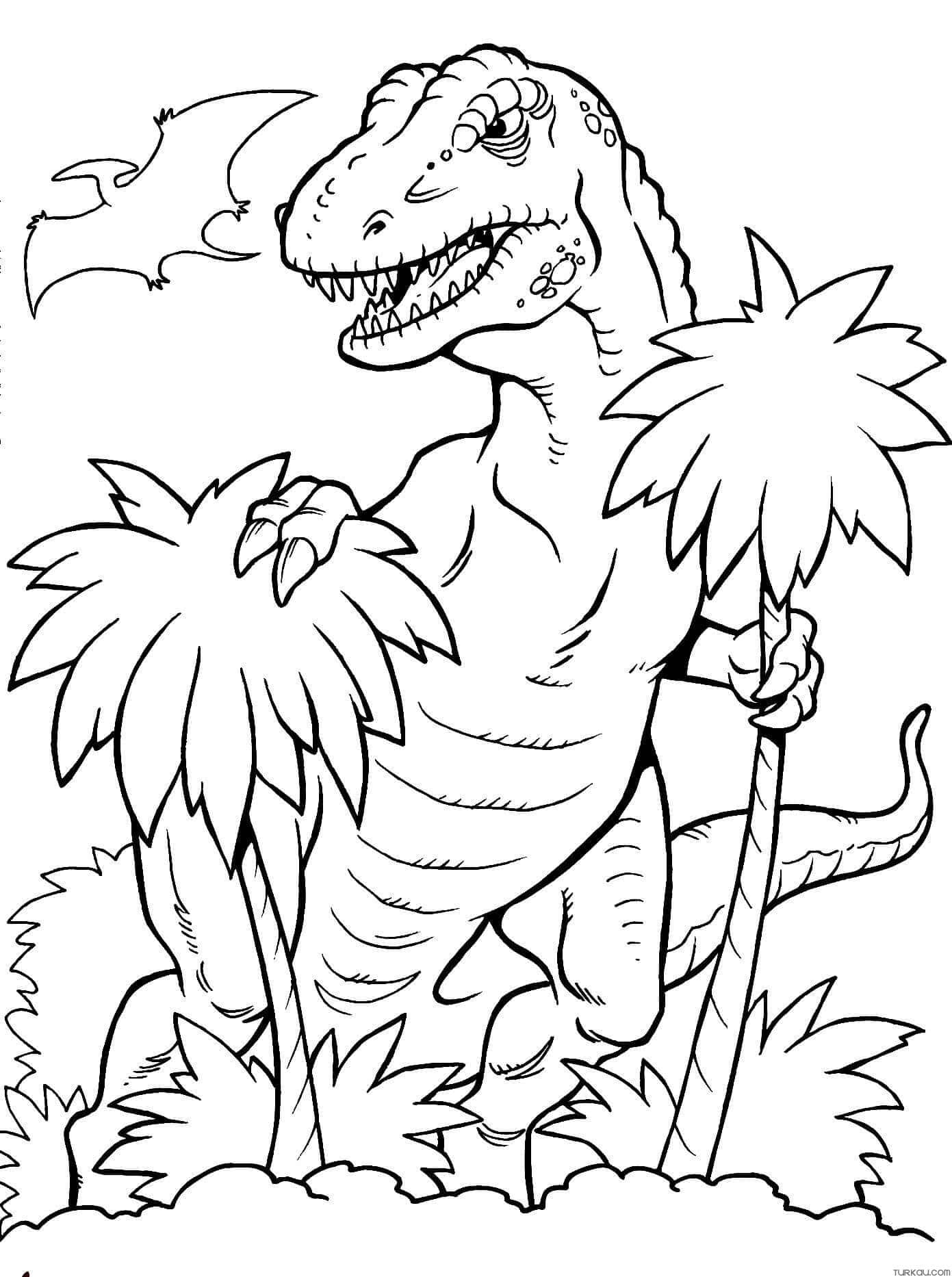A Dinosaur Coloring Page With Palm Trees And Trees
