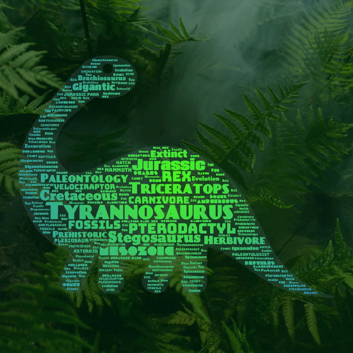 Dinosaur Word Cloud Ferns Backdrop Wallpaper